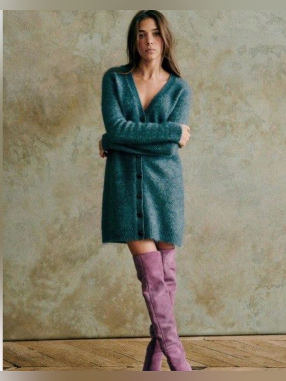 NWOT Sezane Junie Wool Mohair Long Sleeve Button Down Sweater Dress in Sage